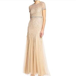 Adrianna Papell Cap Sleeve Beaded Mesh Gown in Champagne SIZE 4